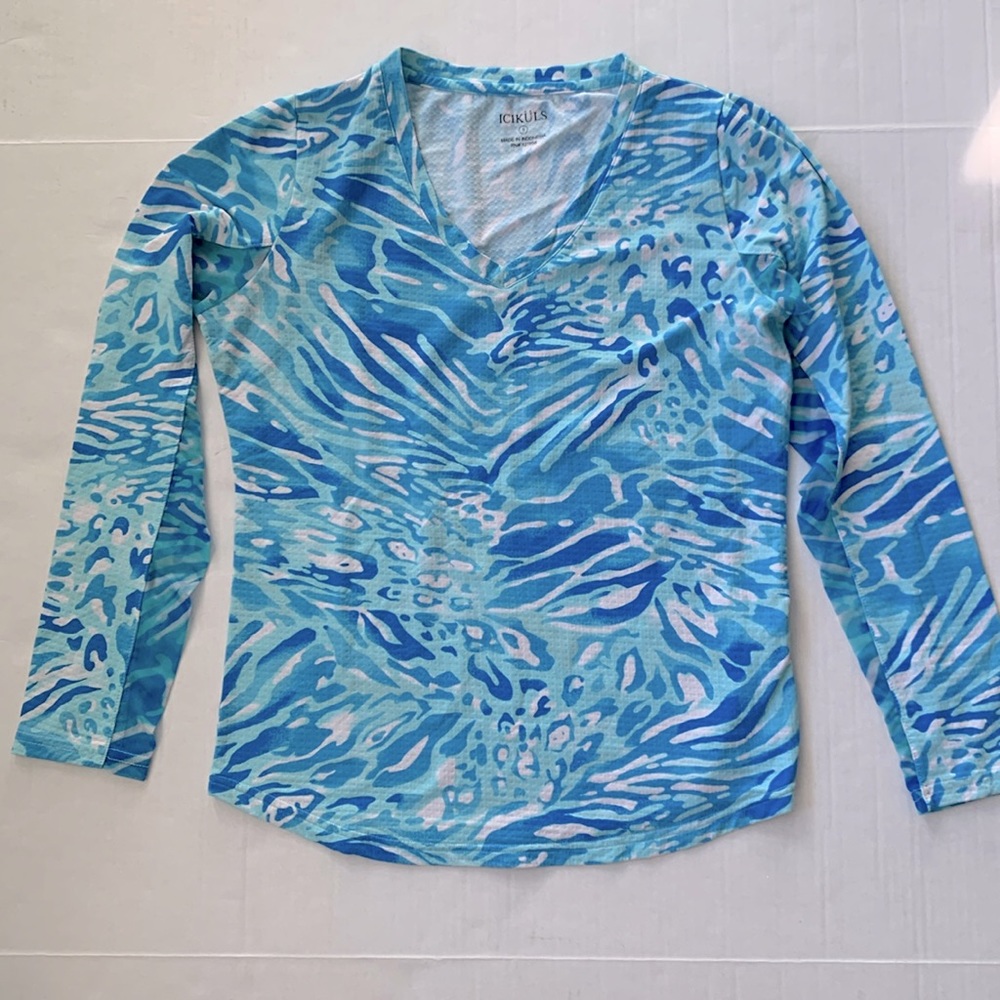 Icikuls Blue White Animal Leopard Print Long Sleeve Mesh V-Neck Top size S